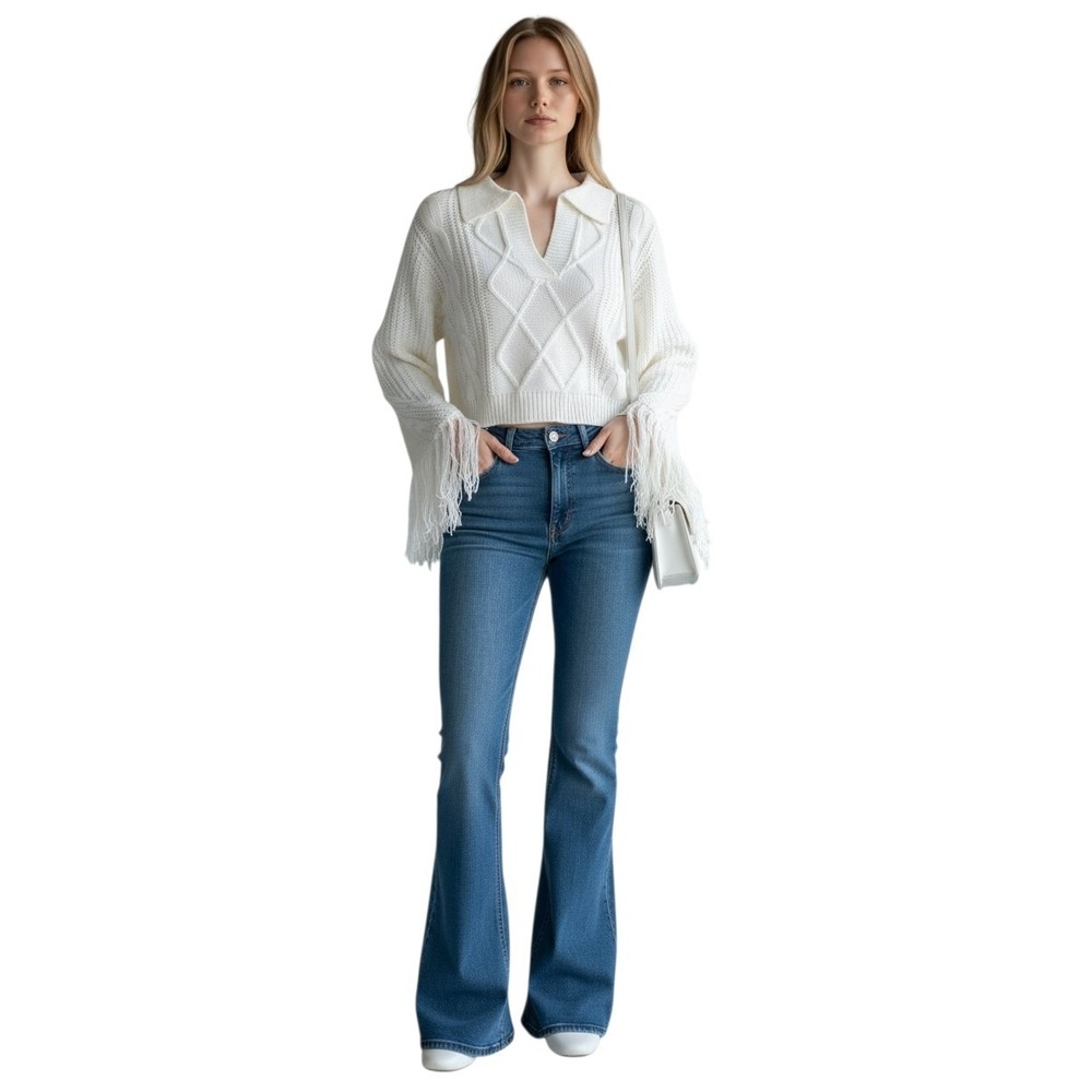 Hera Collection Cropped Cable Knit Sweater Women's Small Ivory Long Fringe Trim